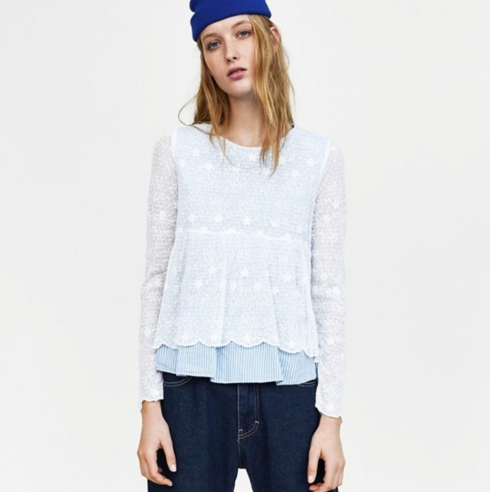Zara Blue Striped and Lace Blouse